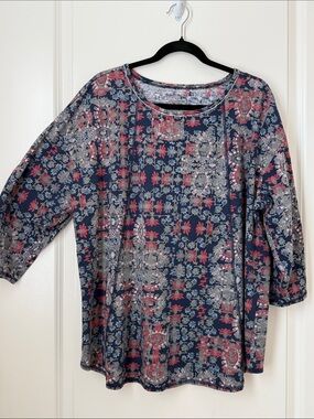 Westbound Woman Navy Floral-Print Long Sleeve Women's Top